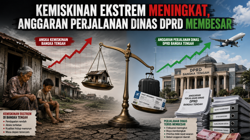Caption: Ilustrasi AI terkait ketidaksesuaian antara Perjalanan Dinas DPRD Bateng di tengah Sulitnya ekonomi masyarakat Bangka Tengah yang setiap tahun naik.